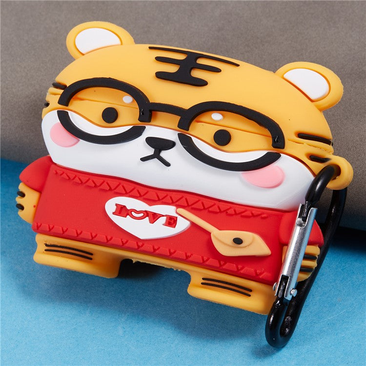 For Apple AirPods Pro Bluetooth Earphones Silicone Cover Cartoon Tiger Protective Case with Carabiner