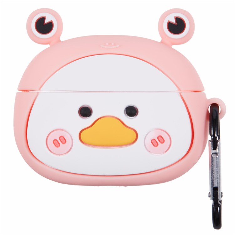 For Apple AirPods Pro Bluetooth Earphones Silicone Cover Big Eyed Frog Protective Case with Carabiner - Pink