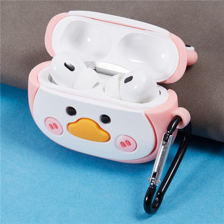 For Apple AirPods Pro Bluetooth Earphones Silicone Cover Big Eyed Frog Protective Case with Carabiner - Pink