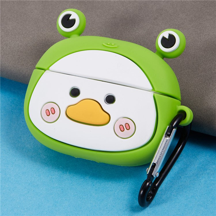 For Apple AirPods Pro Bluetooth Earphones Silicone Cover Big Eyed Frog Protective Case with Carabiner - Green