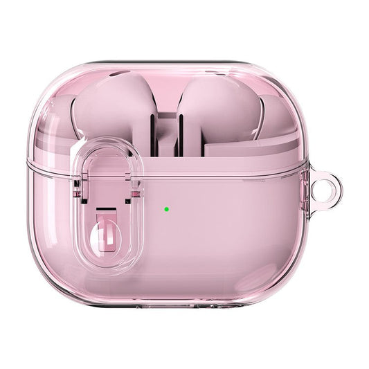 For Samsung Galaxy Buds3 / Buds3 Pro Pressing Buckle Earphone Protective Case Clear TPU+PC Cover - Transparent Pink