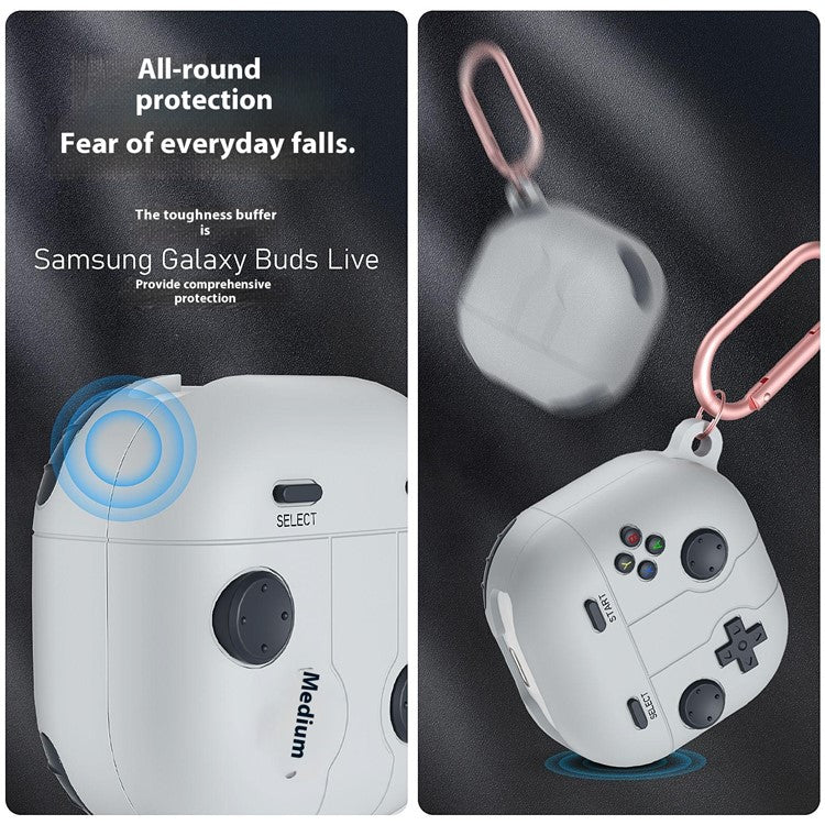For Samsung Galaxy Buds Live / Buds Pro / Buds2 / Buds2 Pro / Buds FE Case Game Console Shape Earphones Silicone Shell with Carabiner - Rock Grey