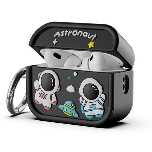 For AirPods Pro 2 Case Cute Astronaut Design Silicone Earphone Cover with Carabiner - Black