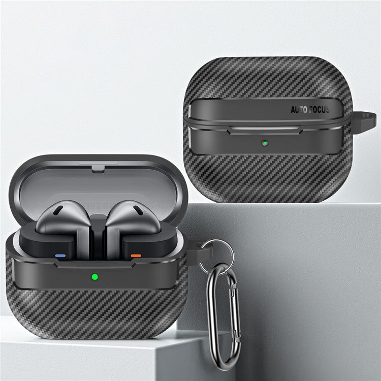 For Samsung Galaxy Buds3 / Buds3 Pro Case Carbon Fiber Texture TPU Earbuds Protective Cover with Hook - Black