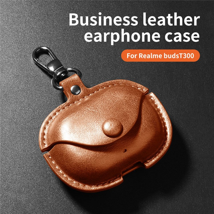For Realme Buds T300 Charging Case Cover Leather+PC Earbuds Protective Case - Brown