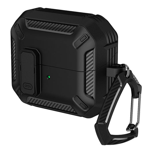 For Samsung Galaxy Buds3  /  Galaxy Buds3 Pro TPU + PC Earphone Protective Case Earbud Charging Box Drop-proof Cover with Carabiner - Black