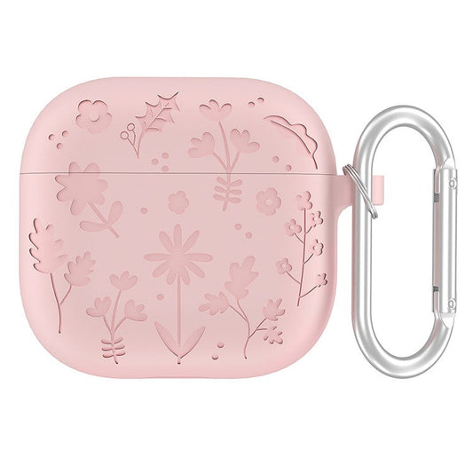 For AirPods 4 Case Floral Pattern Liquid Silicone Earphone Cover with Carabiner - Light Pink