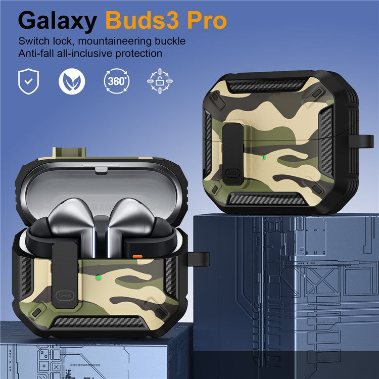 For Samsung Galaxy Buds3  /  Galaxy Buds3 Pro TPU + PC Earphone Protective Case Camouflage Earbud Charging Box with Carabiner - Green