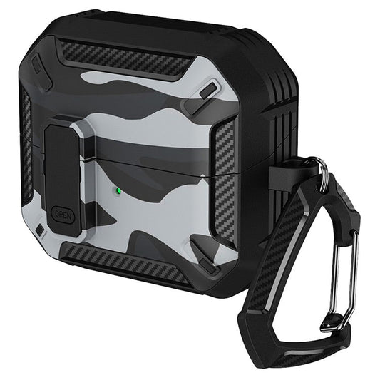 For Samsung Galaxy Buds3  /  Galaxy Buds3 Pro TPU + PC Earphone Protective Case Camouflage Earbud Charging Box with Carabiner - Black