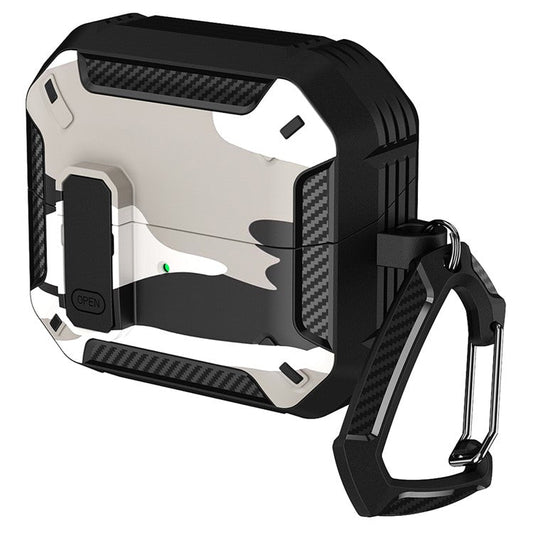 For Samsung Galaxy Buds3  /  Galaxy Buds3 Pro TPU + PC Earphone Protective Case Camouflage Earbud Charging Box with Carabiner - White