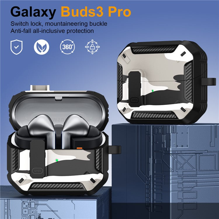 For Samsung Galaxy Buds3  /  Galaxy Buds3 Pro TPU + PC Earphone Protective Case Camouflage Earbud Charging Box with Carabiner - White