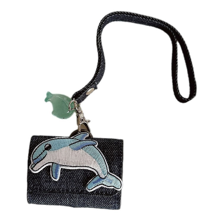 For AirPods 4 / 3 / Pro 2 / Pro Case Cartoon Denim Earbud Storage Bag with Luminous Pendant - Dolphin