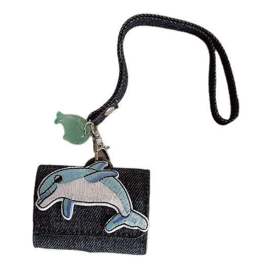 For AirPods 4 / 3 / Pro 2 / Pro Case Cartoon Denim Earbud Storage Bag with Luminous Pendant - Dolphin