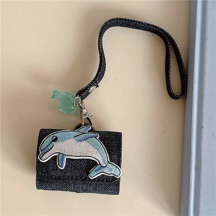 For AirPods 4 / 3 / Pro 2 / Pro Case Cartoon Denim Earbud Storage Bag with Luminous Pendant - Dolphin