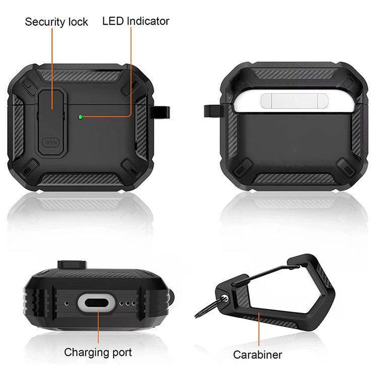 For Apple AirPods 4 Case TPU Earphone Charging Box Case Anti-Fall Protective Cover with Carabiner - Black