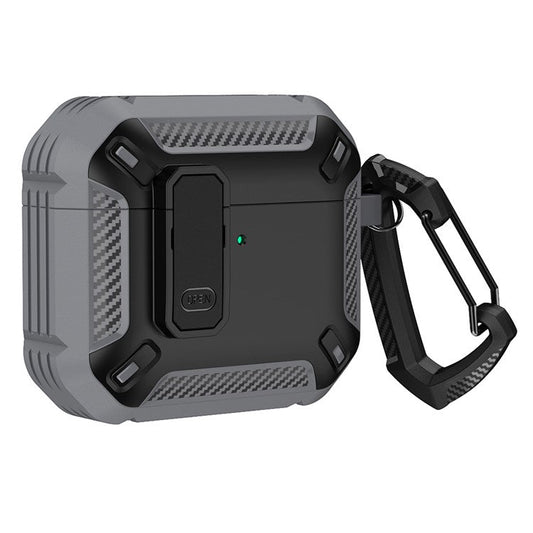 For Apple AirPods 4 Case TPU+PC Earphone Charging Box Case Anti-fall Protective Cover with Carabiner - Grey