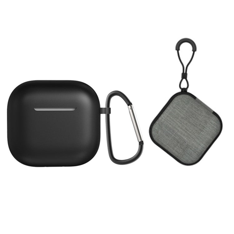 For AirPods 4 Portable Silicone Case with Carabiner Headphone Storage Bag Set - Black