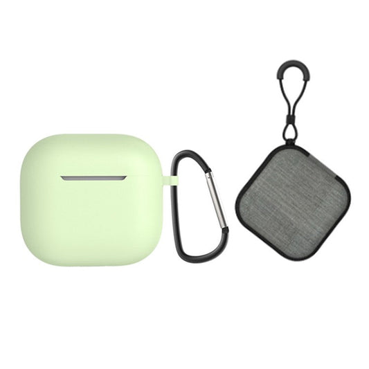 For AirPods 4 Portable Silicone Case with Carabiner Headphone Storage Bag Set - Matcha Green