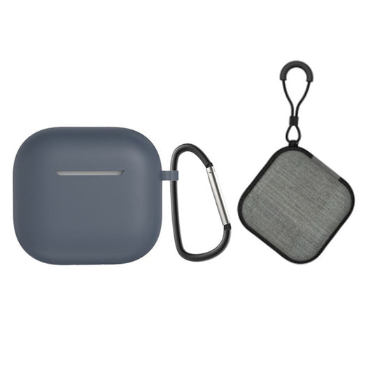 For AirPods 4 Portable Silicone Case with Carabiner Headphone Storage Bag Set - Dark Blue