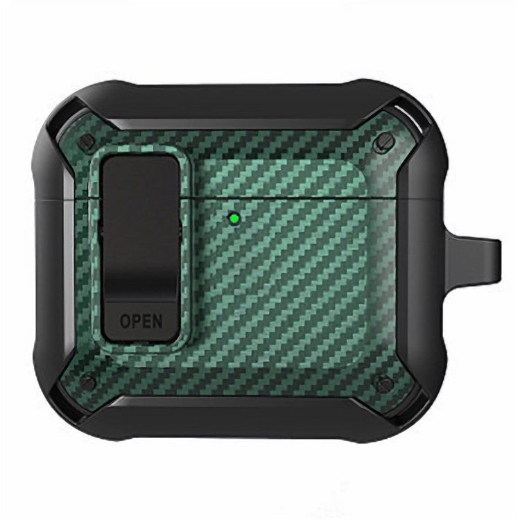 For AirPods 4 Bluetooth Earphone Cover Carbon Fiber Texture TPU+PC Anti-Drop Case with Buckle - Green