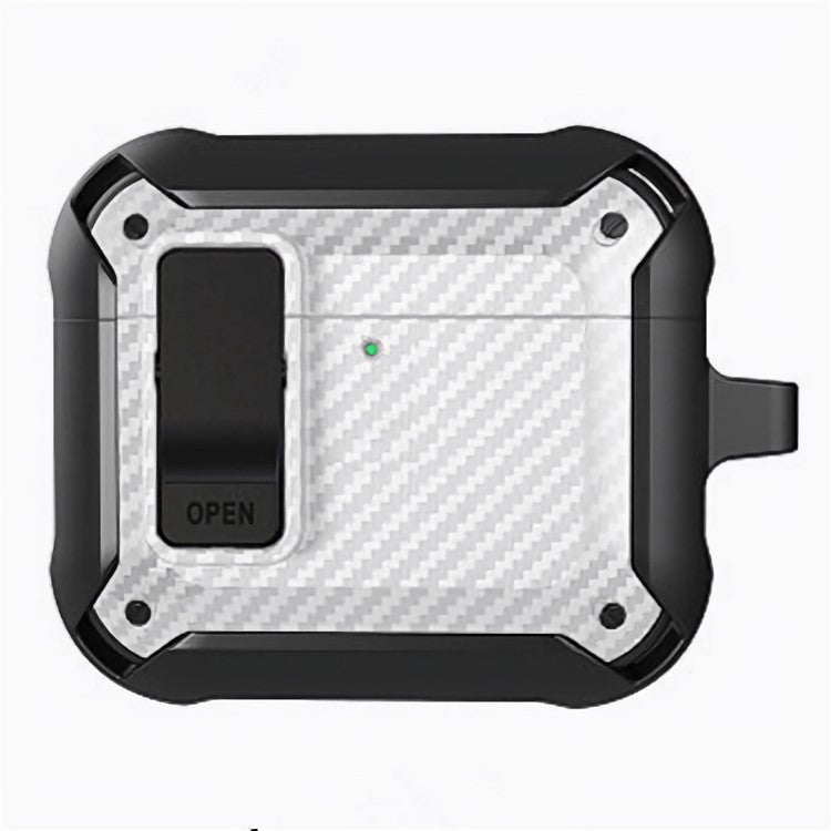 For AirPods 4 Bluetooth Earphone Cover Carbon Fiber Texture TPU+PC Anti-Drop Case with Buckle - White