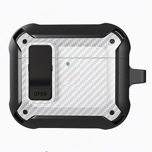 For AirPods 4 Bluetooth Earphone Cover Carbon Fiber Texture TPU+PC Anti-Drop Case with Buckle - White