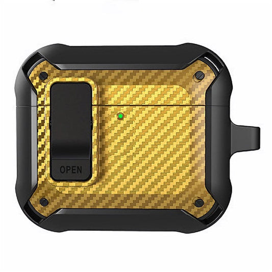 For AirPods 4 Bluetooth Earphone Cover Carbon Fiber Texture TPU+PC Anti-Drop Case with Buckle - Yellow