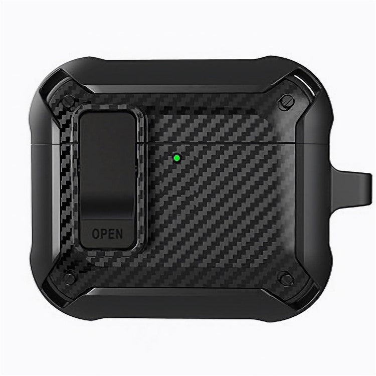 For AirPods 4 Bluetooth Earphone Cover Carbon Fiber Texture TPU+PC Anti-Drop Case with Buckle - Black