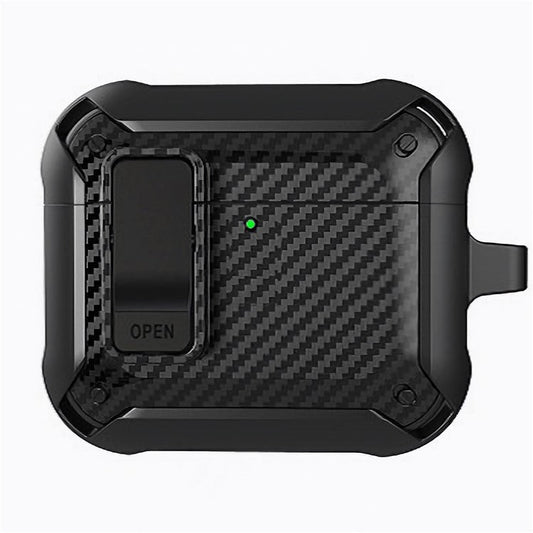For AirPods 4 Bluetooth Earphone Cover Carbon Fiber Texture TPU+PC Anti-Drop Case with Buckle - Black