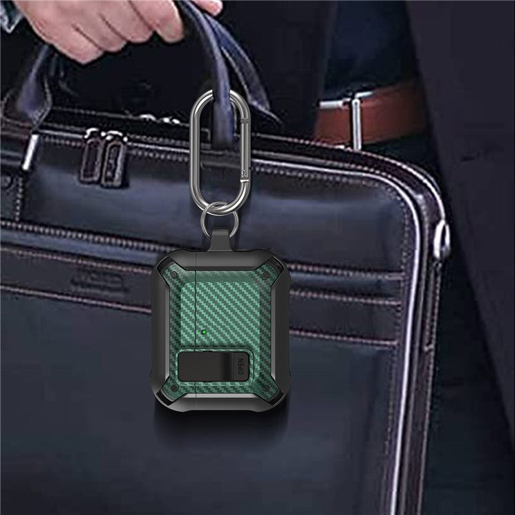 For AirPods 4 Bluetooth Earphone Cover Carbon Fiber Texture TPU+PC Anti-Drop Case with Buckle - Black