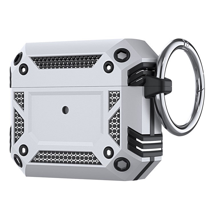 For AirPods 4 Hard PC + TPU Skin Cover Shockproof Scratch Resistant Earphone Case with Carabiner - Silver