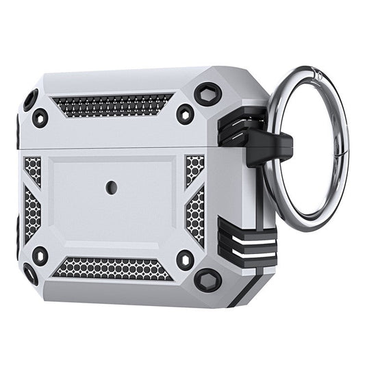 For AirPods 4 Hard PC + TPU Skin Cover Shockproof Scratch Resistant Earphone Case with Carabiner - Silver