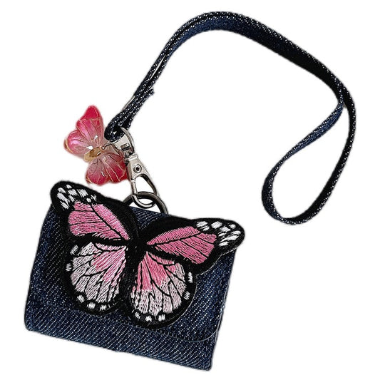 For AirPods 4 / 3 / Pro 2 / Pro Case Butterfly Pattern Denim Earbud Storage Bag with Pendant - Pink