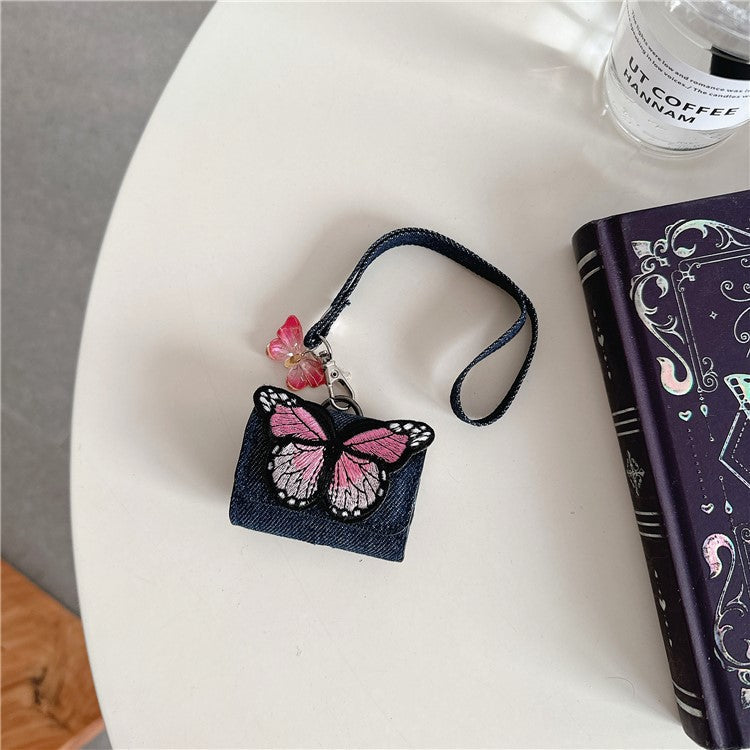 For AirPods 4 / 3 / Pro 2 / Pro Case Butterfly Pattern Denim Earbud Storage Bag with Pendant - Pink