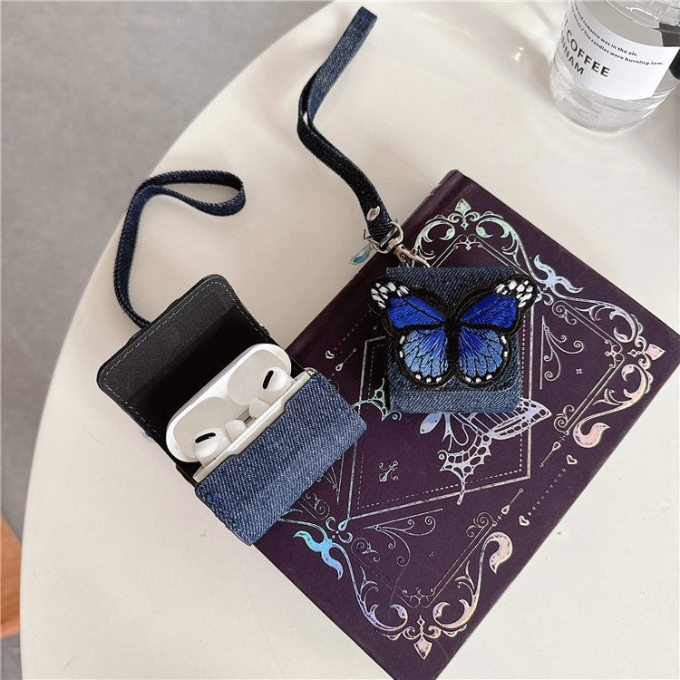 For AirPods 4 / 3 / Pro 2 / Pro Case Butterfly Pattern Denim Earbud Storage Bag with Pendant - Pink