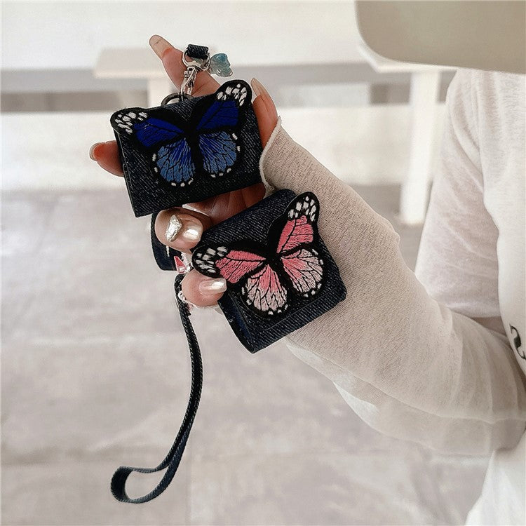 For AirPods 4 / 3 / Pro 2 / Pro Case Butterfly Pattern Denim Earbud Storage Bag with Pendant - Pink