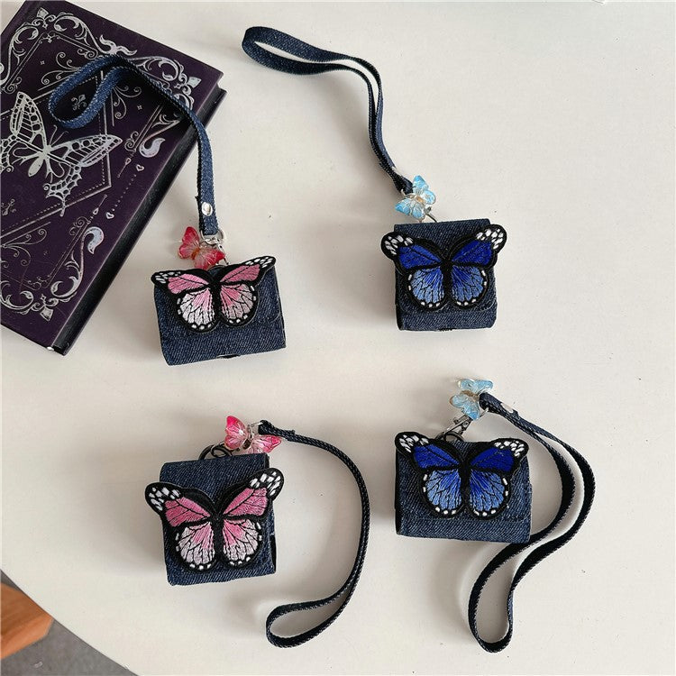 For AirPods 4 / 3 / Pro 2 / Pro Case Butterfly Pattern Denim Earbud Storage Bag with Pendant - Pink