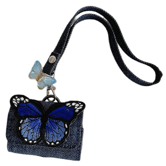 For AirPods 4 / 3 / Pro 2 / Pro Case Butterfly Pattern Denim Earbud Storage Bag with Pendant - Blue