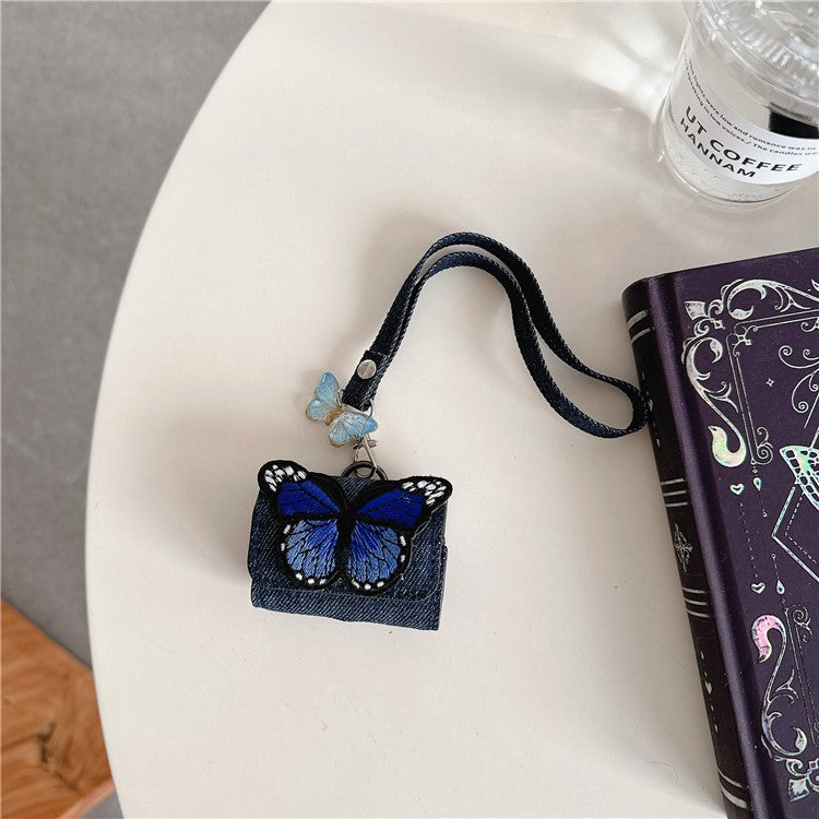 For AirPods 4 / 3 / Pro 2 / Pro Case Butterfly Pattern Denim Earbud Storage Bag with Pendant - Blue