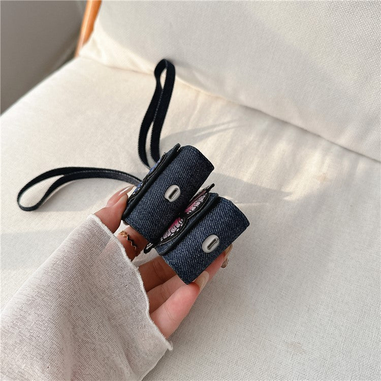 For AirPods 4 / 3 / Pro 2 / Pro Case Butterfly Pattern Denim Earbud Storage Bag with Pendant - Blue
