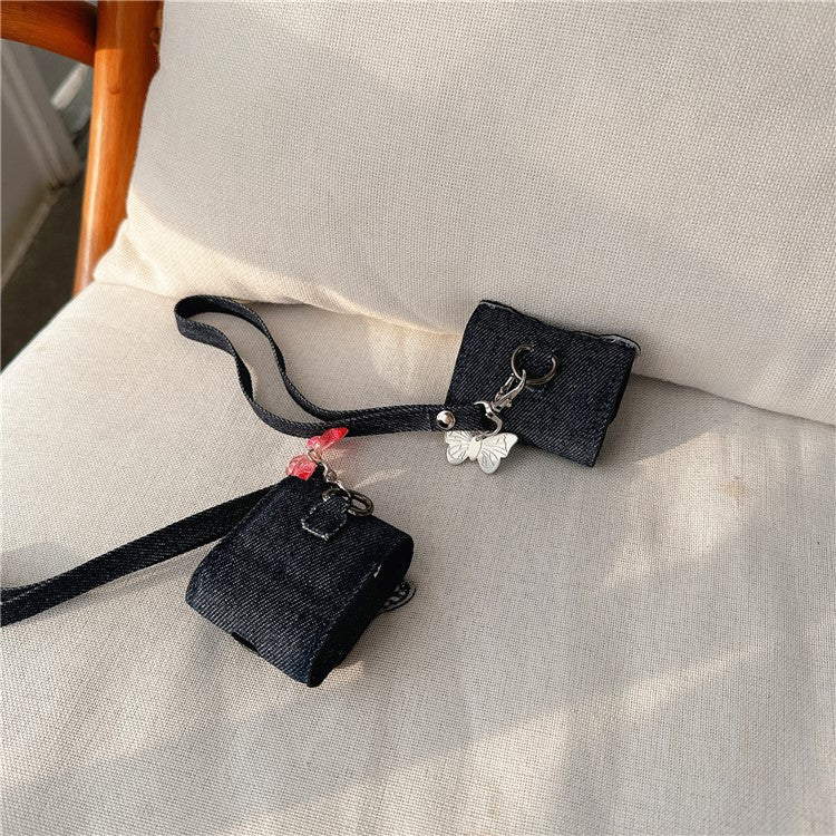 For AirPods 4 / 3 / Pro 2 / Pro Case Butterfly Pattern Denim Earbud Storage Bag with Pendant - Blue