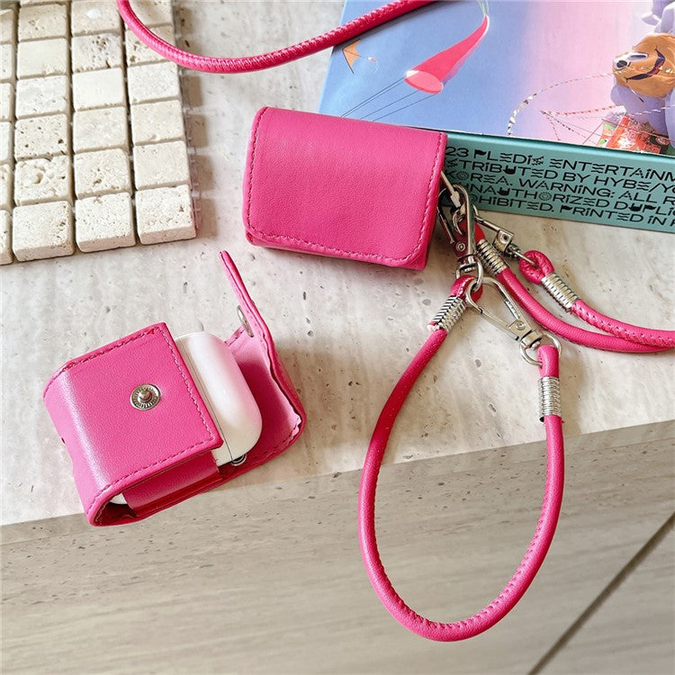 For Apple AirPods 4 / AirPods 3 Charging Case Cover Simple Style Bluetooth Earbuds Case with Shoulder / Wrist Strap - Rose