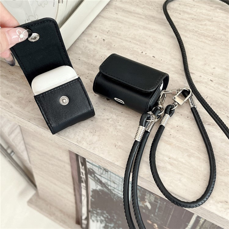 For Apple AirPods 4 / AirPods 3 Charging Case Cover Simple Style Bluetooth Earbuds Case with Shoulder / Wrist Strap - Black