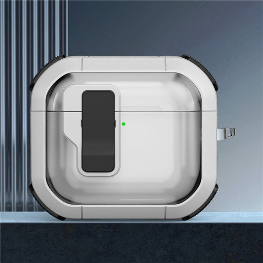 For AirPods 4 Clear Earphone Case Button Lock TPU+PC Rugged Cover with Carabiner - White  /  Black