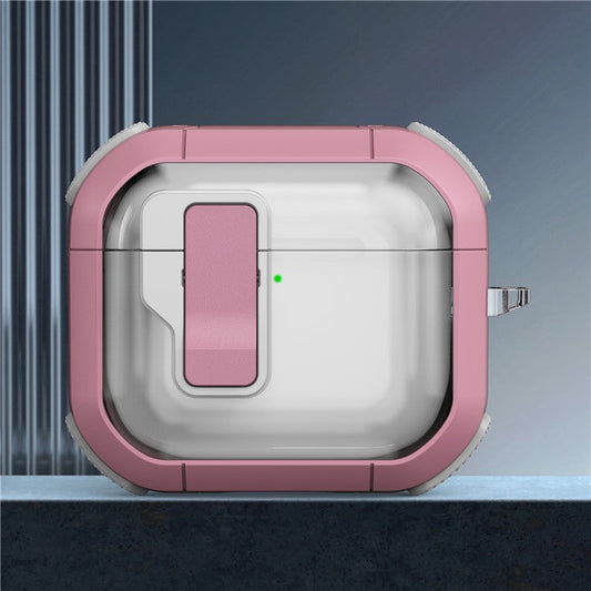 For AirPods 4 Clear Earphone Case Button Lock TPU+PC Rugged Cover with Carabiner - Pink