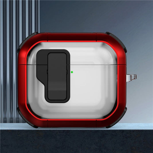 For AirPods 4 Clear Earphone Case Button Lock TPU+PC Rugged Cover with Carabiner - Red