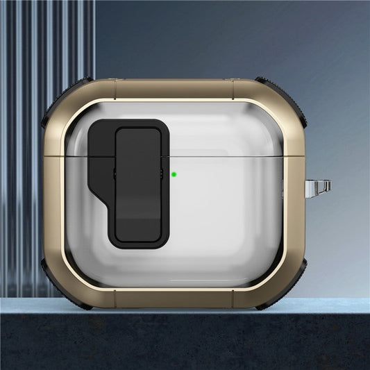 For AirPods 4 Clear Earphone Case Button Lock TPU+PC Rugged Cover with Carabiner - Gold