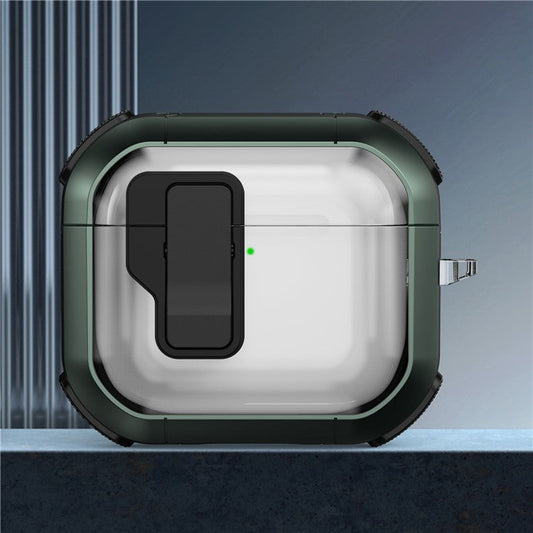 For AirPods 4 Clear Earphone Case Button Lock TPU+PC Rugged Cover with Carabiner - Green