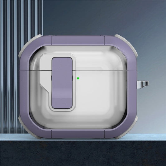 For AirPods 4 Clear Earphone Case Button Lock TPU+PC Rugged Cover with Carabiner - Light Purple