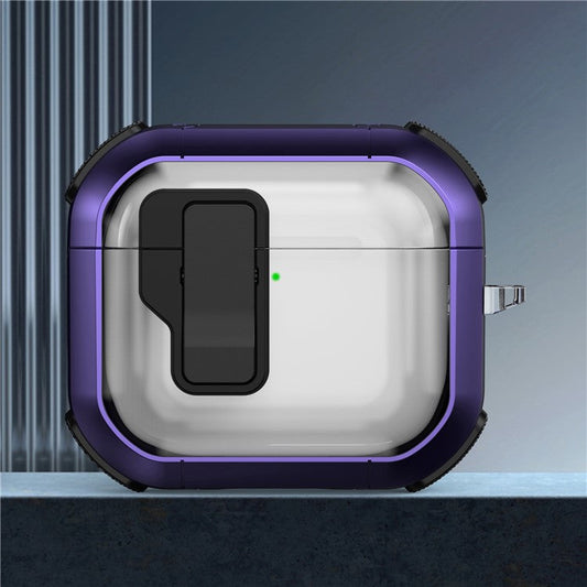 For AirPods 4 Clear Earphone Case Button Lock TPU+PC Rugged Cover with Carabiner - Dark Purple